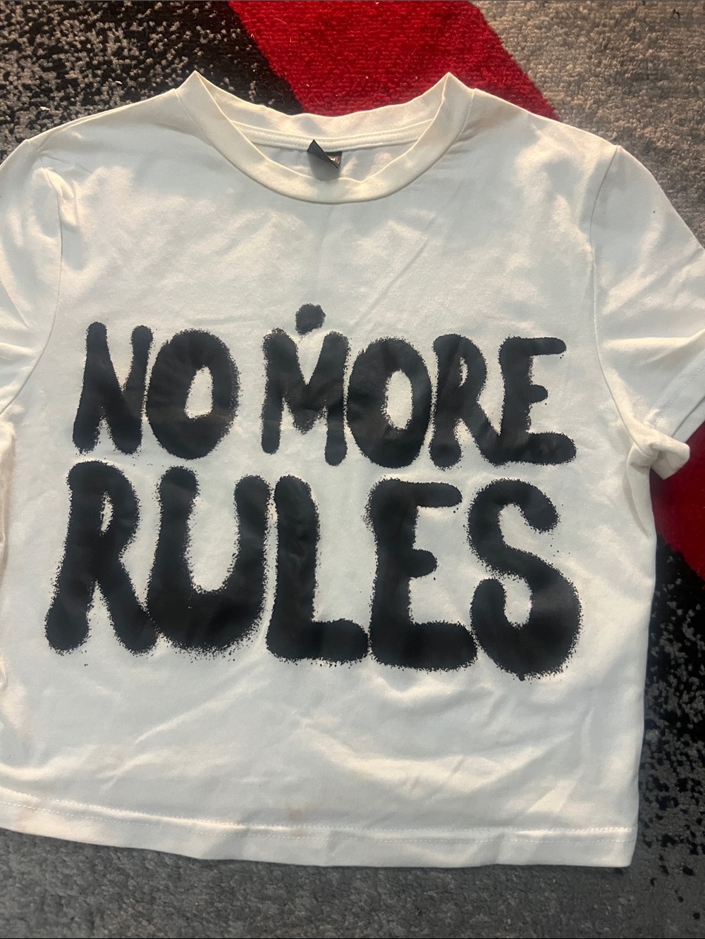 SHEIN White Tee with Black "NO MORE RULES" Graphic